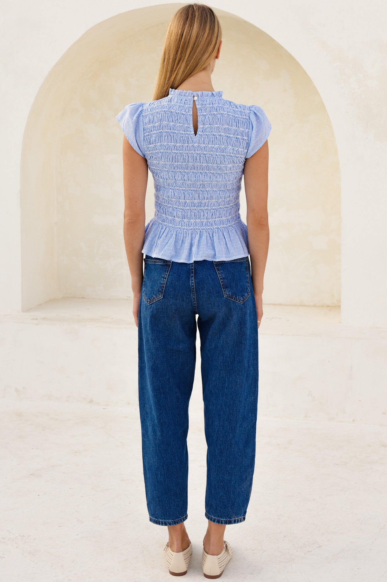 Tilly Organic Cotton Smocked Stripe Dobby Blouse | Blue/White - Image 7