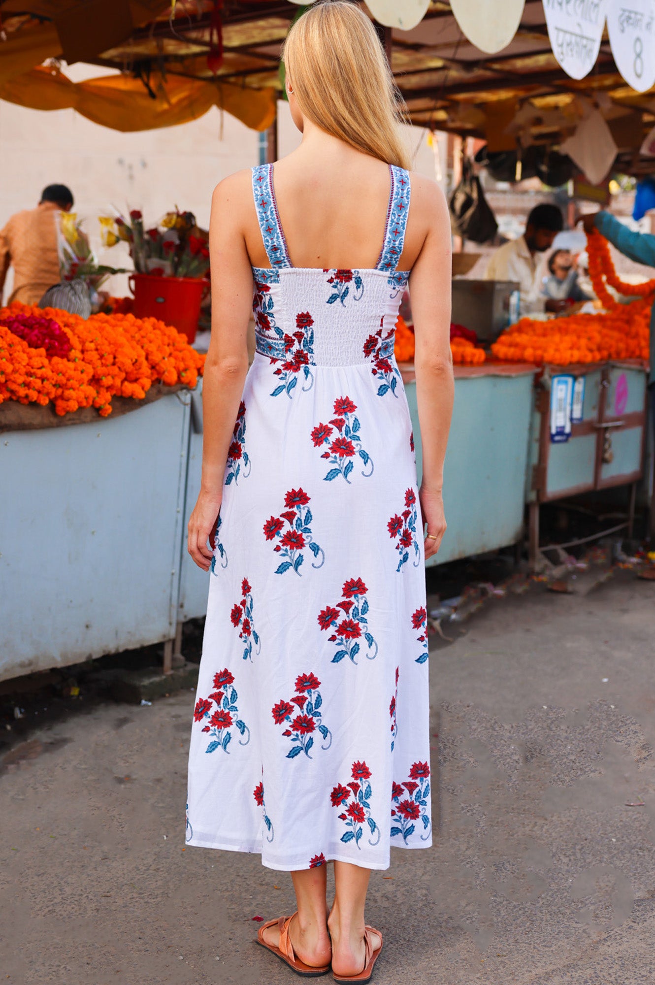 Margaritte Block Print Organic Cotton Dress | Teal/Red - Image 6