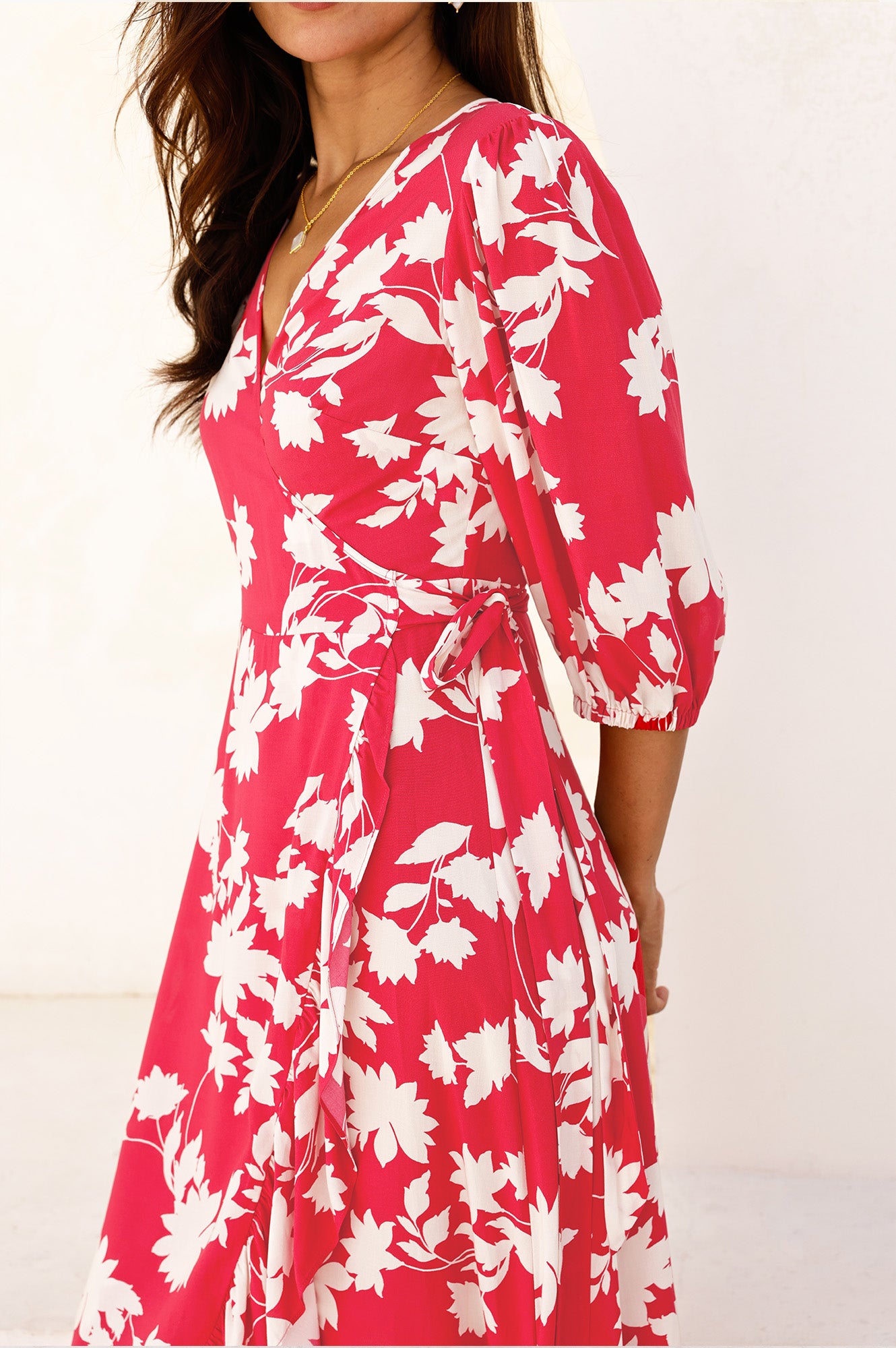 Ella EcoVero™ 3/4 Length Sleeve Wrap Dress | Red/Cream - Image 2