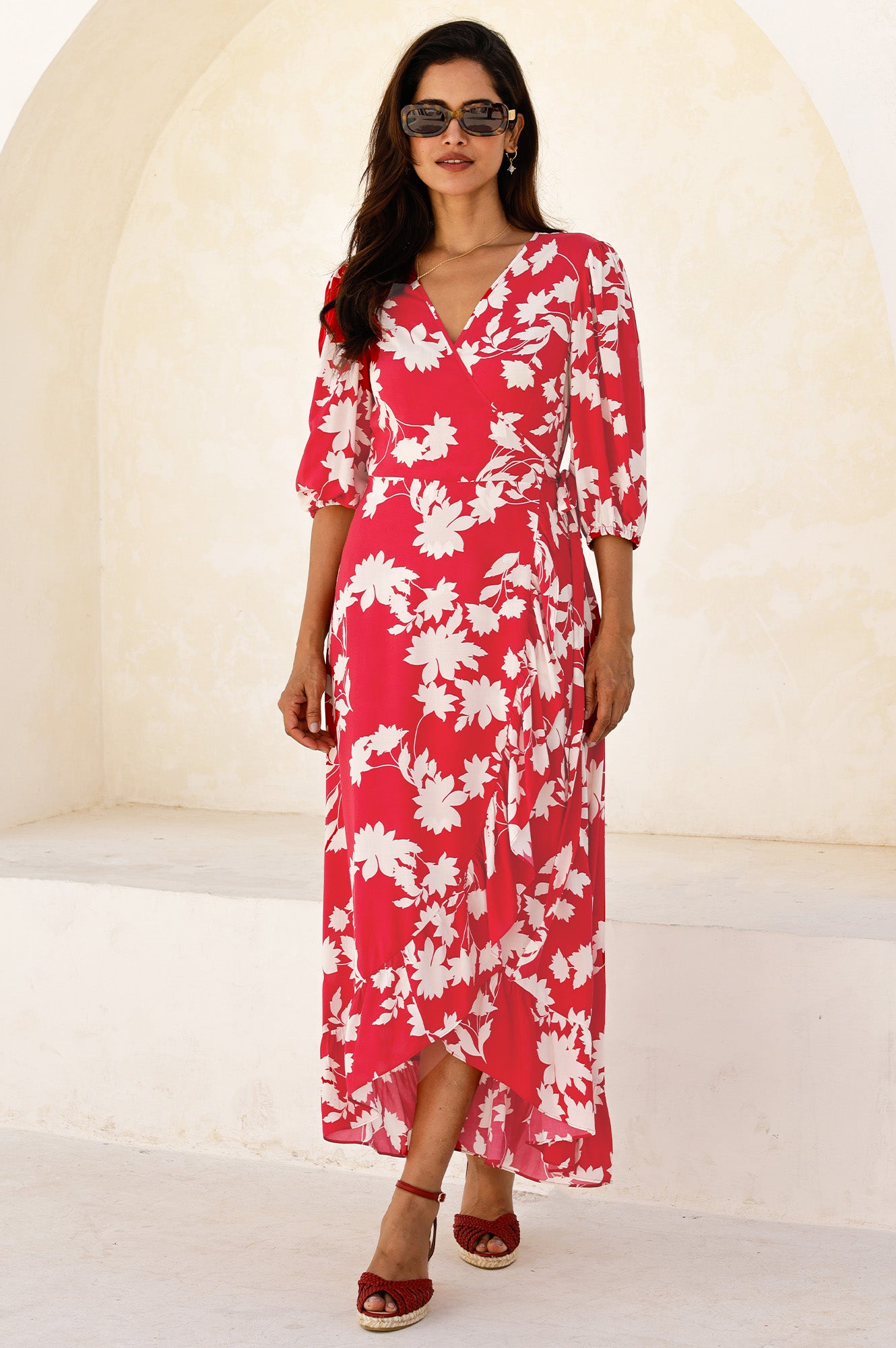 Ella EcoVero™ 3/4 Length Sleeve Wrap Dress | Red/Cream - Image 3
