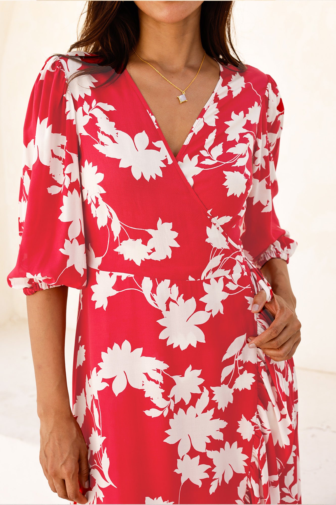 Ella EcoVero™ 3/4 Length Sleeve Wrap Dress | Red/Cream - Image 4