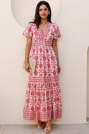 Pippa Organic Cotton Short Sleeve Block Print Dress | Red