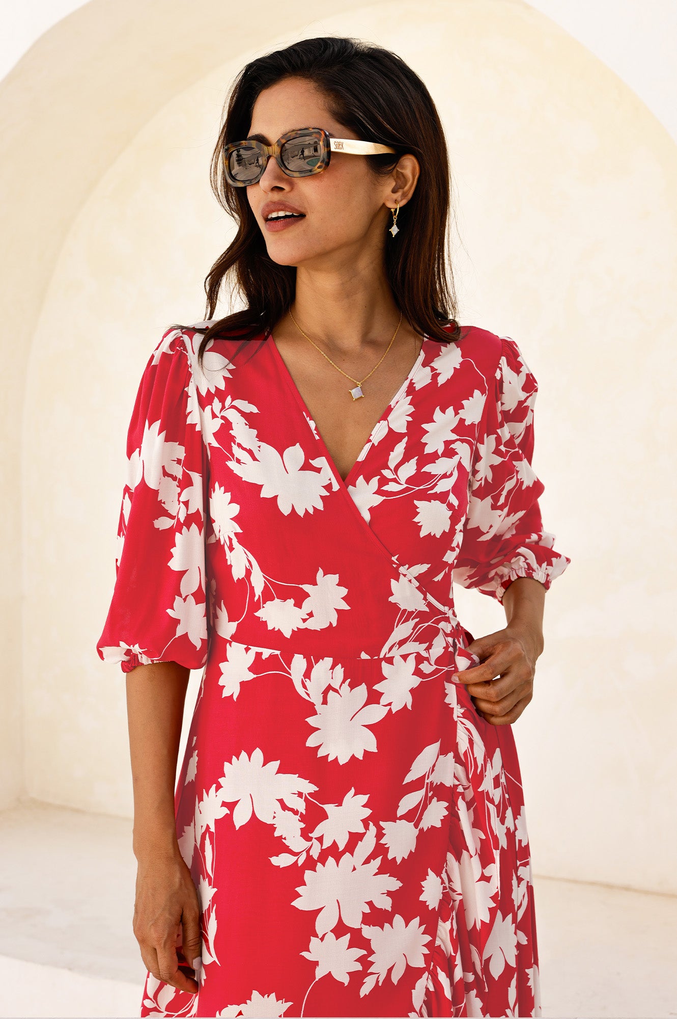 Ella EcoVero™ 3/4 Length Sleeve Wrap Dress | Red/Cream - Image 5
