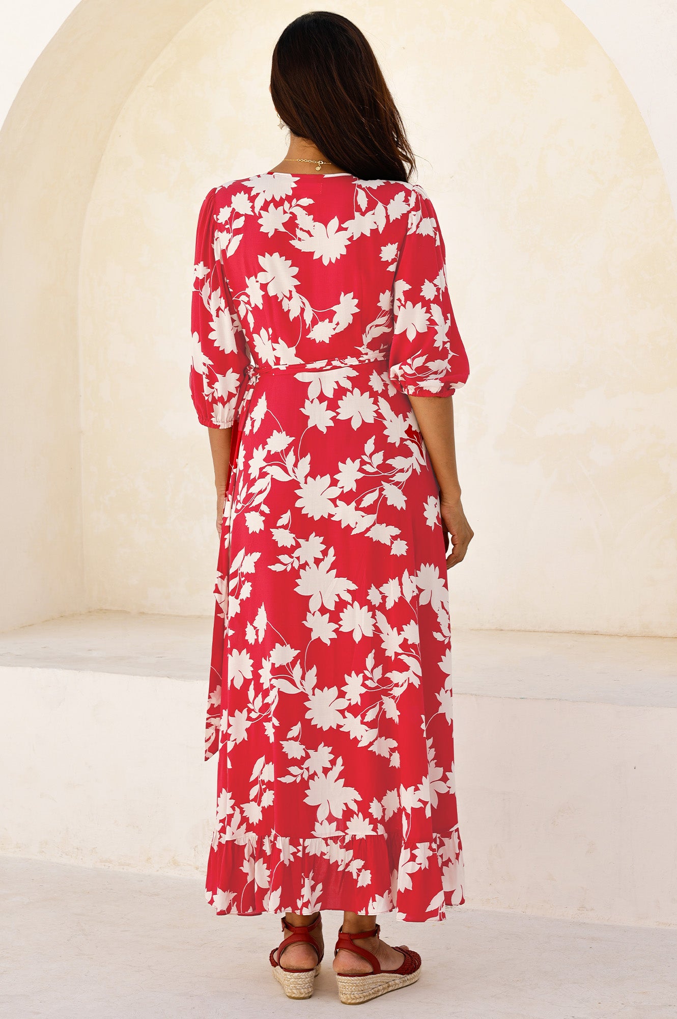 Ella EcoVero™ 3/4 Length Sleeve Wrap Dress | Red/Cream - Image 7