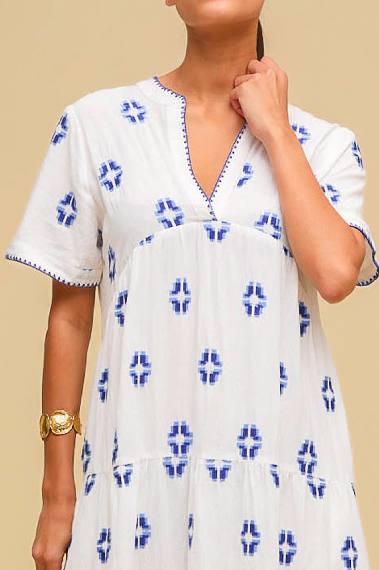 India Embroidered Organic Cotton Dress | White/Blue - Image 6