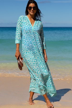 Mykonos Organic Cotton Maxi Beach Dress | Soft Cheetah White/Turquoise
