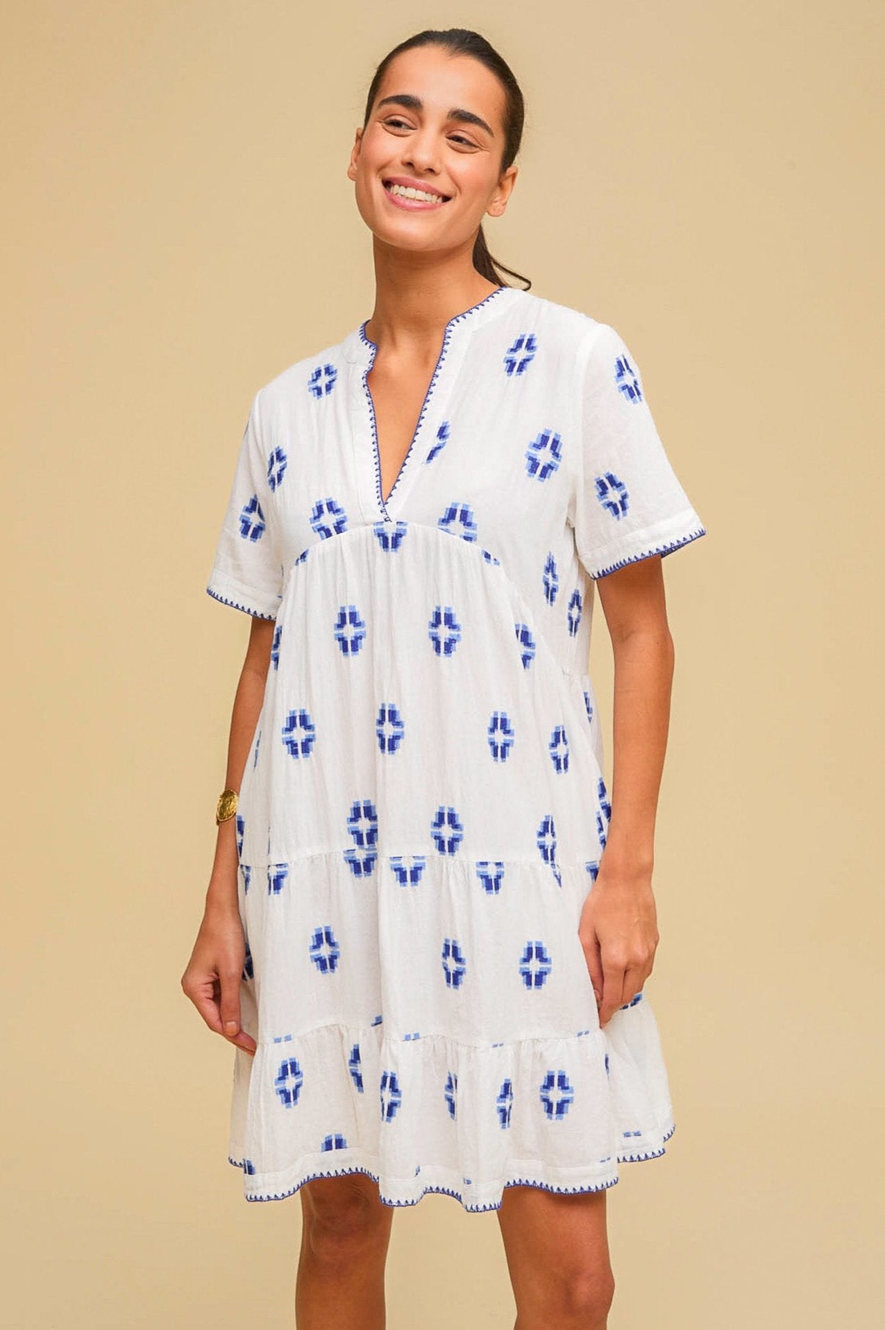 India Embroidered Organic Cotton Dress | White/Blue - Image 4