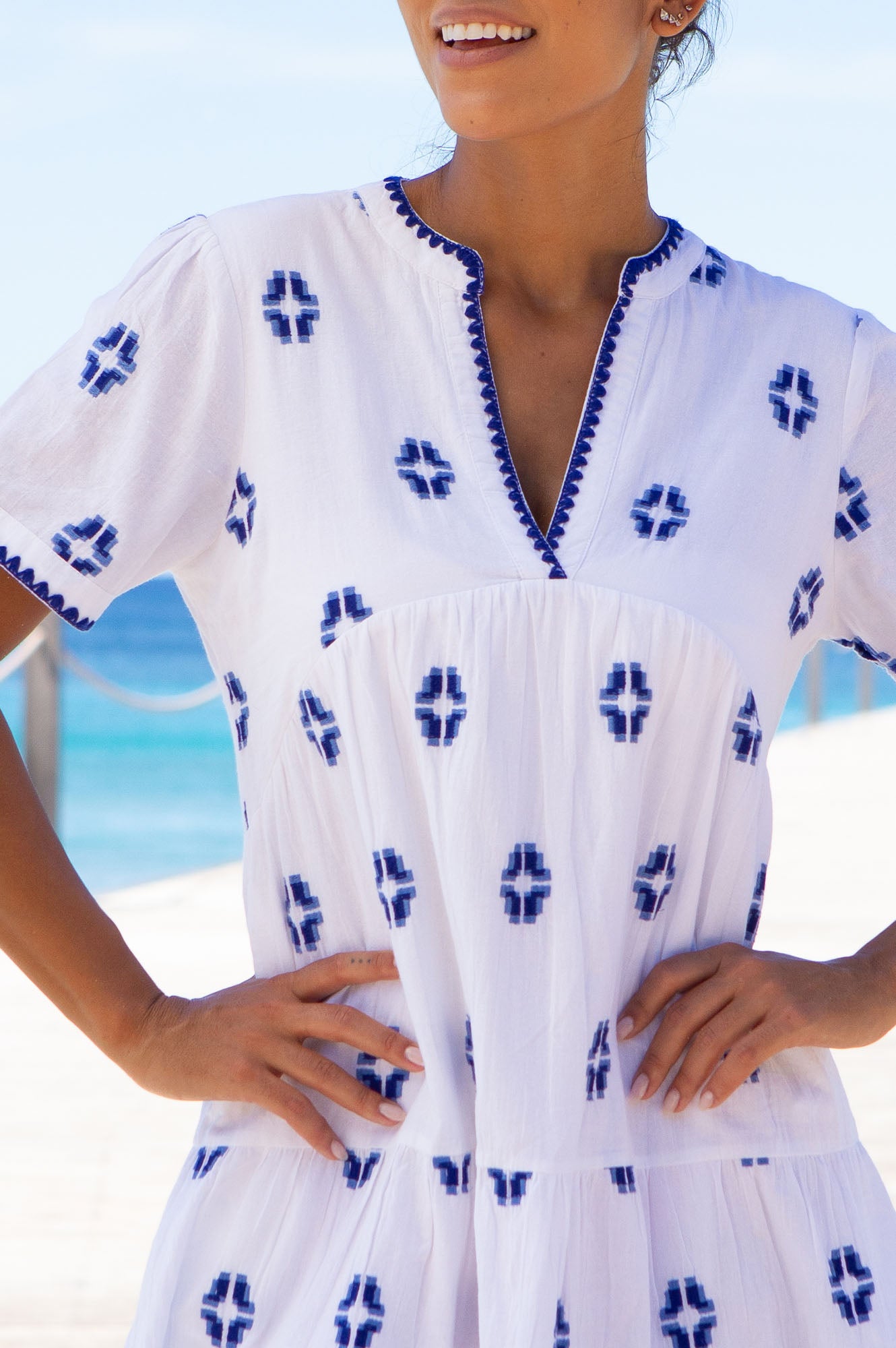 India Embroidered Organic Cotton Dress | White/Blue - Image 2