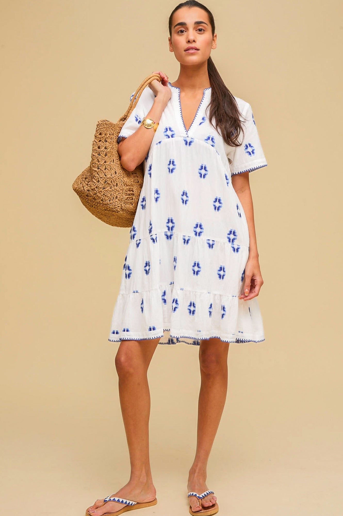 India Embroidered Organic Cotton Dress | White/Blue - Image 5